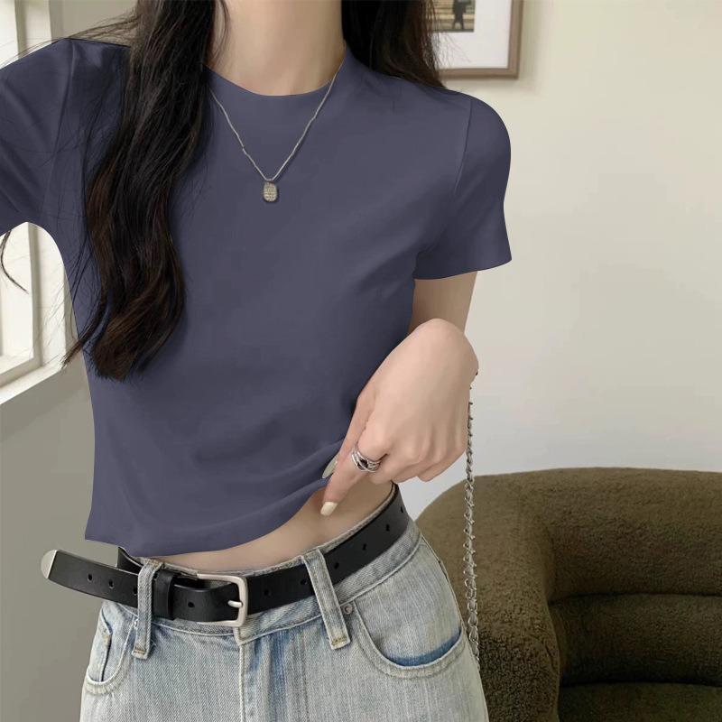 Shirt Women's Summer Short Sleeve High Waist Slim Skinny Solid Color Shoulder Short Sleeve Top Bottom Shirt