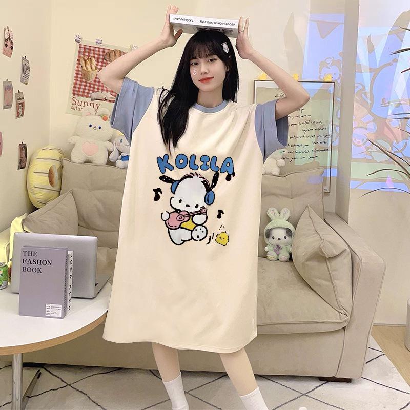 

Women s Cute Cartoon Pajama Dress - Short Sleeve, Mid-Length, Round Neck One Size (M-2XL)