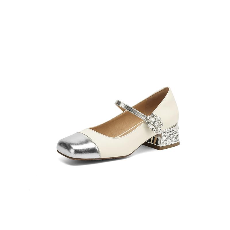 Krazing Pot Cow Skin Spring Summer Size 41 Thick Med Heels Women Square Toe Mixed Color Crystal Heels Pumps