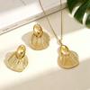 1Set Vertical Striped Scallop 2Pcs Jewelry Set, Glossy Fan Pendant Necklace Stud Earrings For Women Beach Luxury Wear