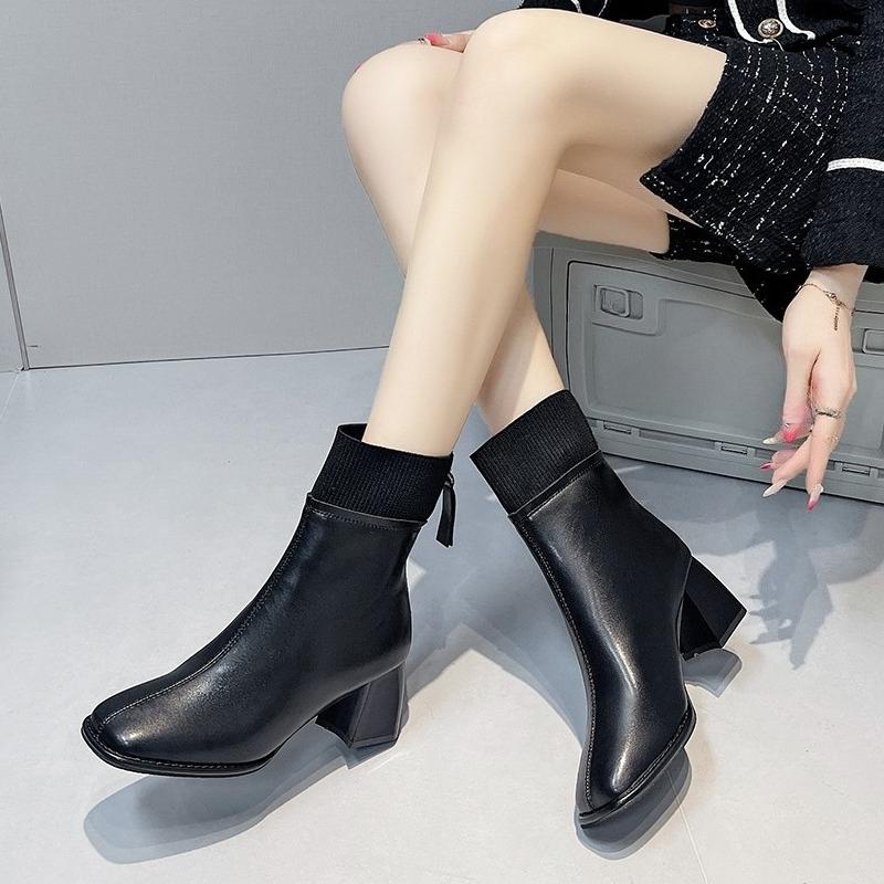 

Winter Comfortable Plus Size Boots Fashionable New Style Square Headed Leather Face Square Heel Casual Work Boots For Women 35
