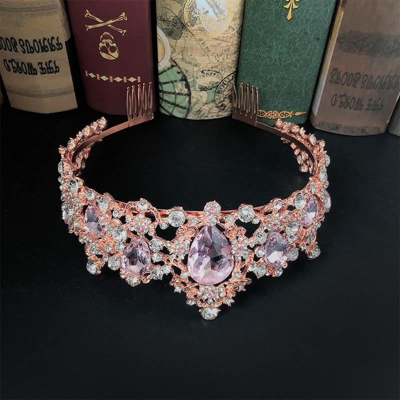 Crystal Pink Crown Bridal Crown Wedding Baroque Queen Golden Big Crown Wedding Dress Accessories Jewelry