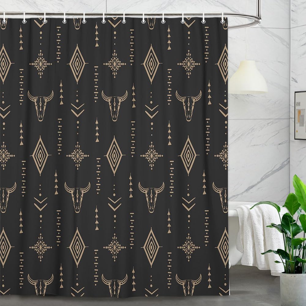 Western Shower Curtain,Abstract Aztec Geometric Southwestern Cactu Skull Bull Bath Accessories Decor, Navajo Native Shower