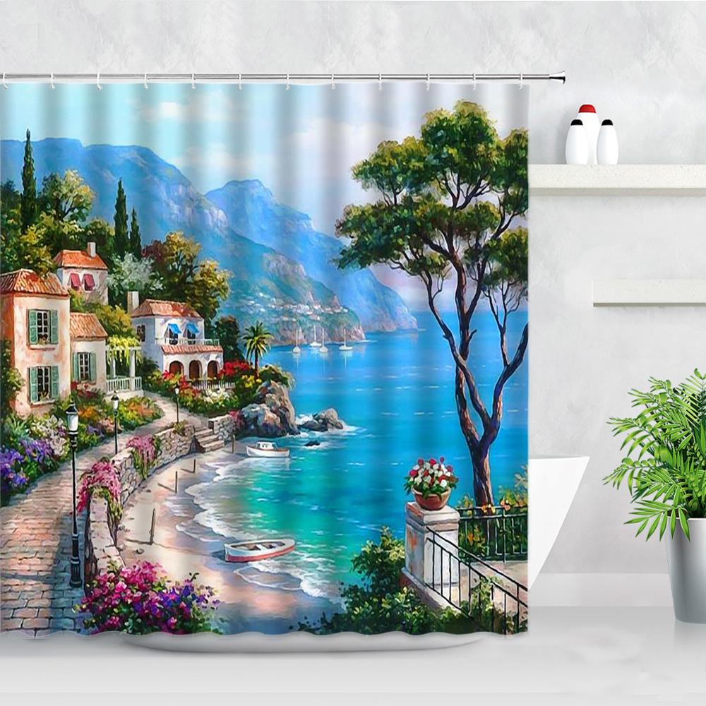 Fleurs Rouges Porte Grecque Bleue Avec Vue Sur Mer Sur Île Rideaux de Douche Tissu Imperméable Ensemble de Rideaux de Salle de Bain Décoration de Baignoire pour la Maison