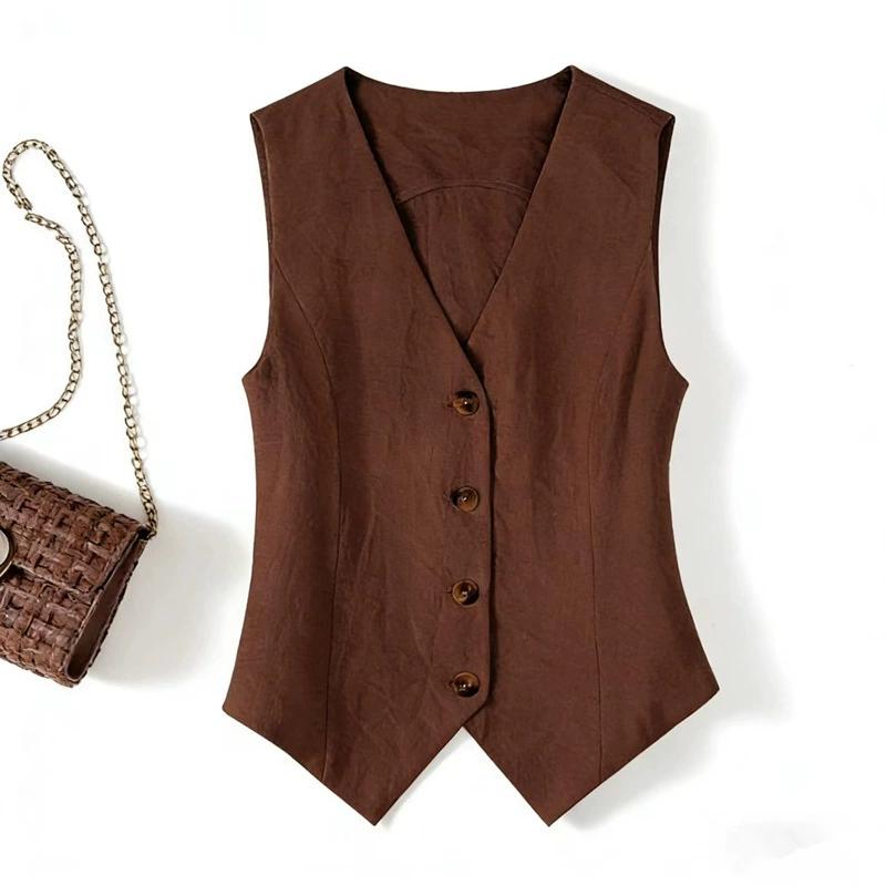 Summer Linen V-neck Vest for Women Elegant Office Loose Fit Sleeveless Waistcoat Solid Color Single-Breasted Fashion Top