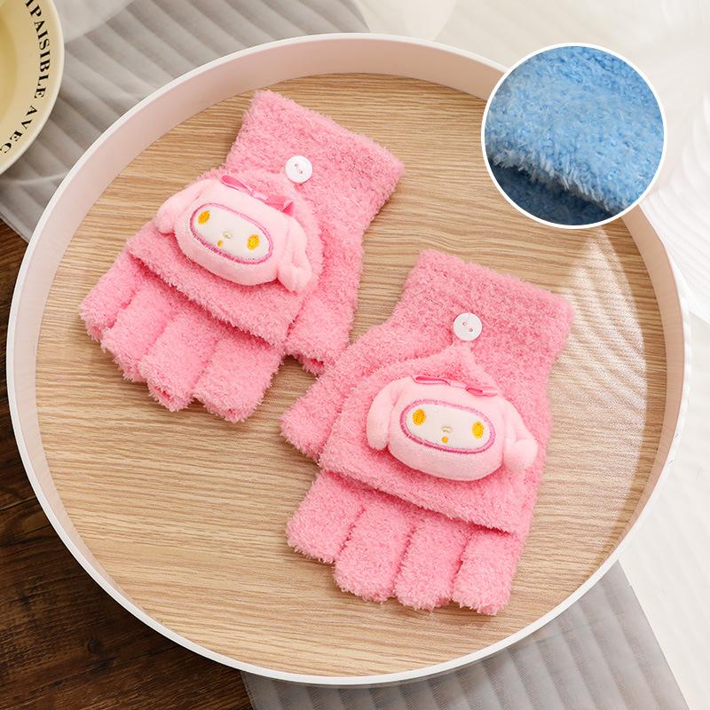 Children's Plush Gloves Winter Male and Female Middle School Students Writing Cold-proof Flip Gloves Cute Warm Five-finger Tide