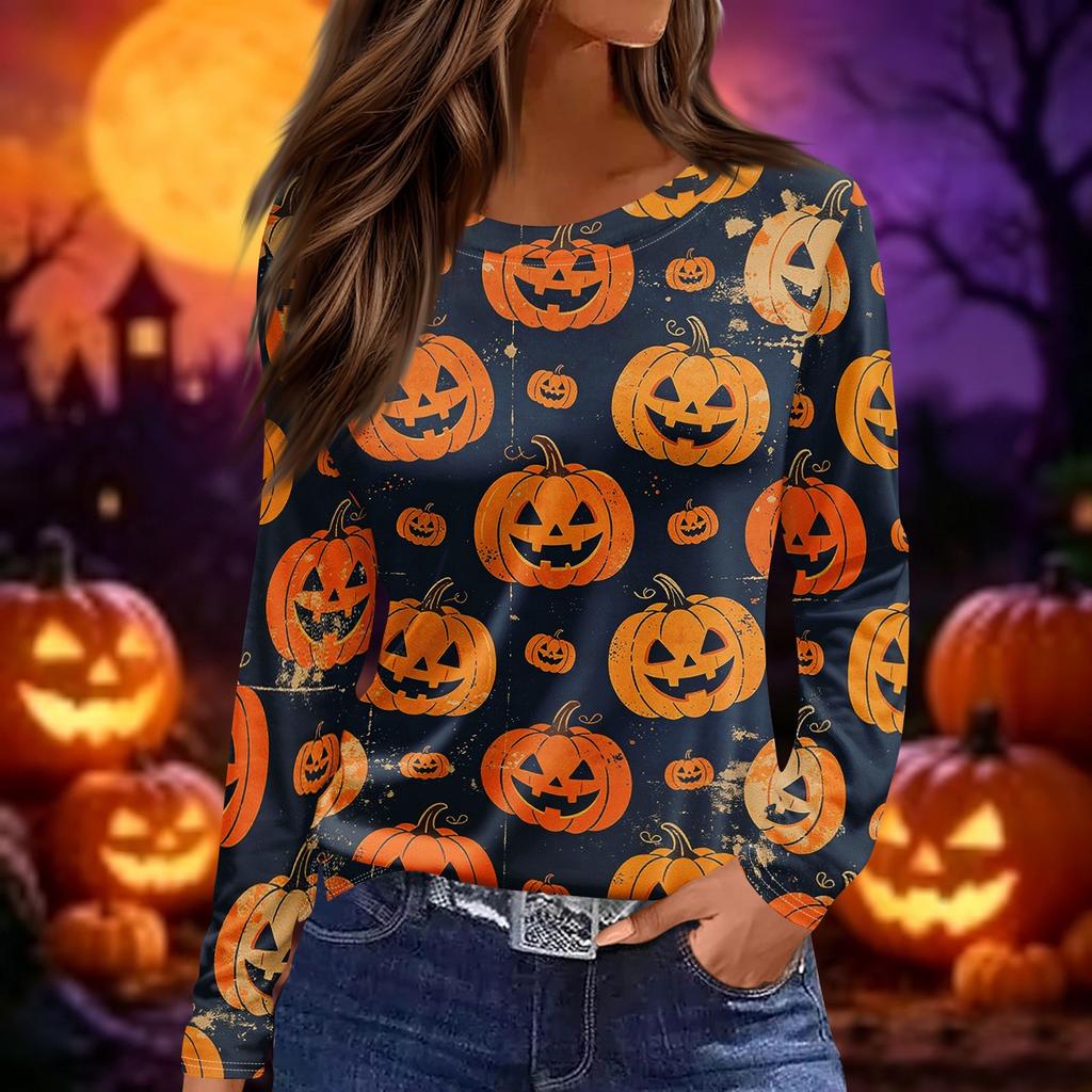 Women's Fashion Long Sleeve Top Halloween Print Round Neck Pullover Shirt with Split Hem Casual Wear for Autumn and Winter