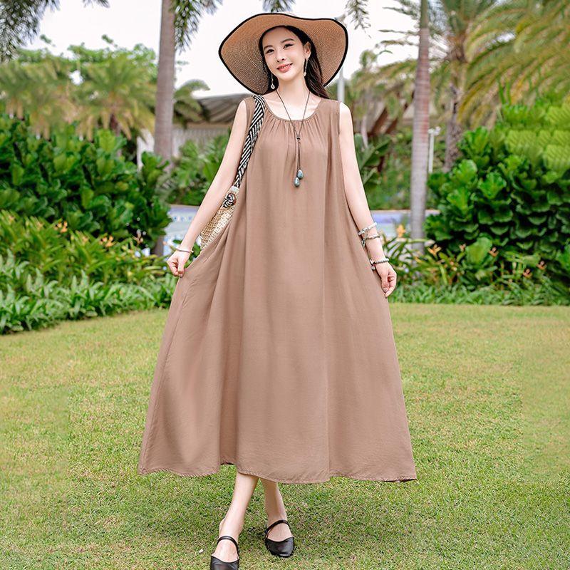 Sleeveless Cotton Dress Summer Loose Plus Size Slimming Vest Vacation Long Dress Elegant Beach