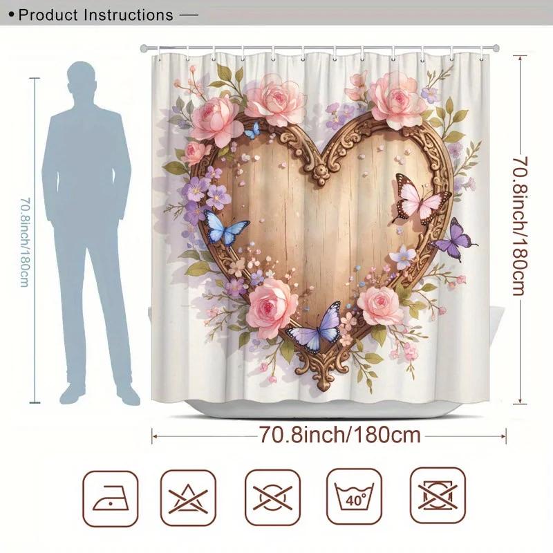 1pc Wooden Heart Shower Curtain - Romantic Floral & Butterflies, Soft Pastel Colors, Vintage Design W90xH180cm