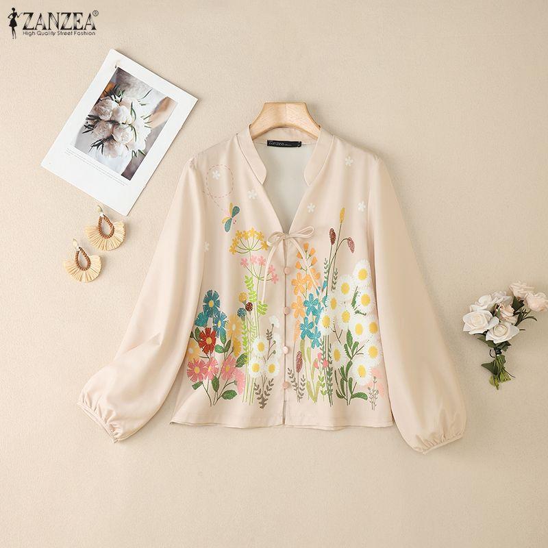 ZANZEA Women Casual V-Neck Floral Print Loose Long Sleeve Blouse