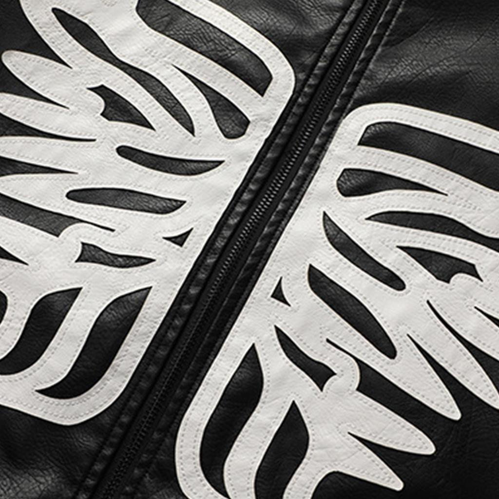 Men's Leather Butterfly Embroidered Zipper Cardigan Motorcycle PU Leather Jacket