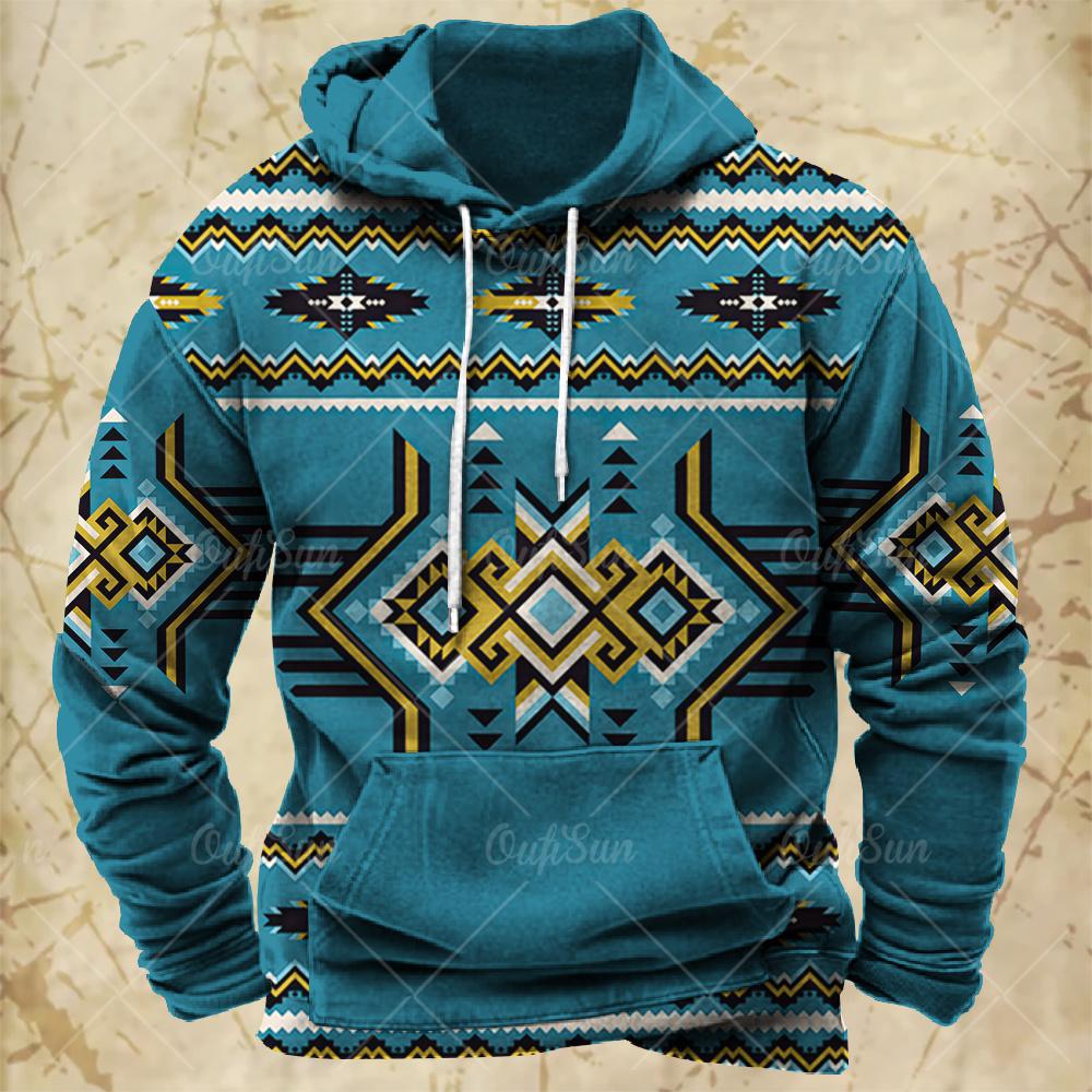 Herren Kapuzenpullover mit Vintage-Print im ethnischen Stil, Herbst und Winter, übergroß, lässige Herrenkleidung, täglicher Straßenpullover