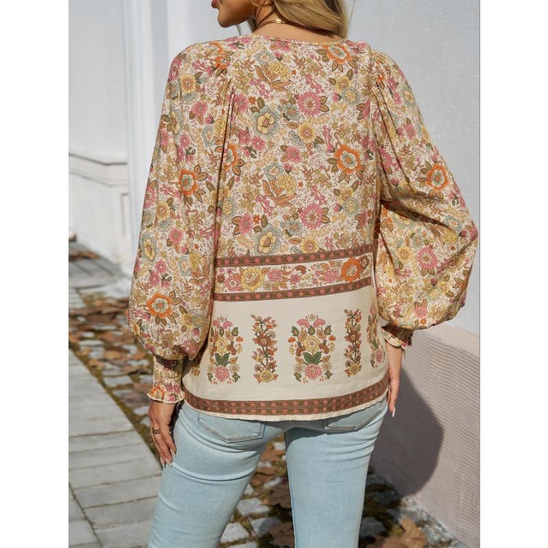 TIFICY Damenmode, lässig, Frühling und Herbst, Blumenmuster, bedruckt, langärmelig, V-Ausschnitt, Blusen und Hemden
