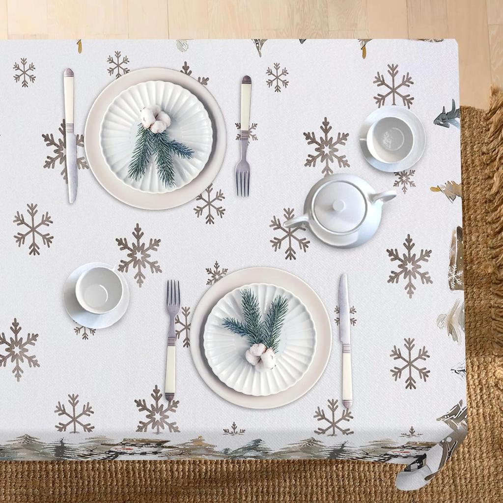 Christmas Snowman Pine Tree Snowflake Waterproof Tablecloth Table Decor Reusable Kitchen Dining Tablecloth Christmas Decorations