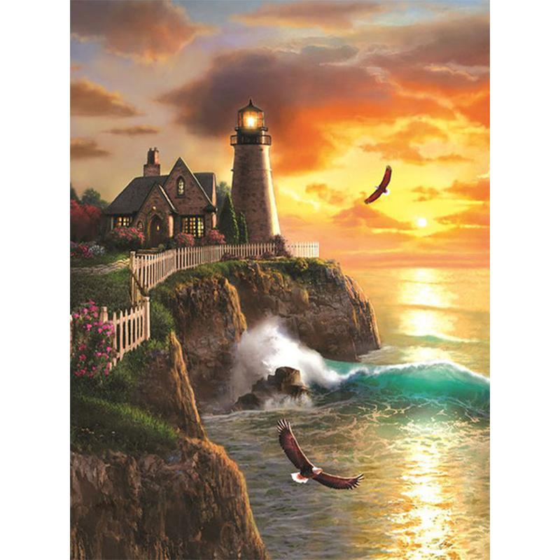 5D Diamond Painting Lighthouse Cross Stitch Kit Full Drill Round Embroidery Landscape Mosaic Picture of Rhinestones Home Decor