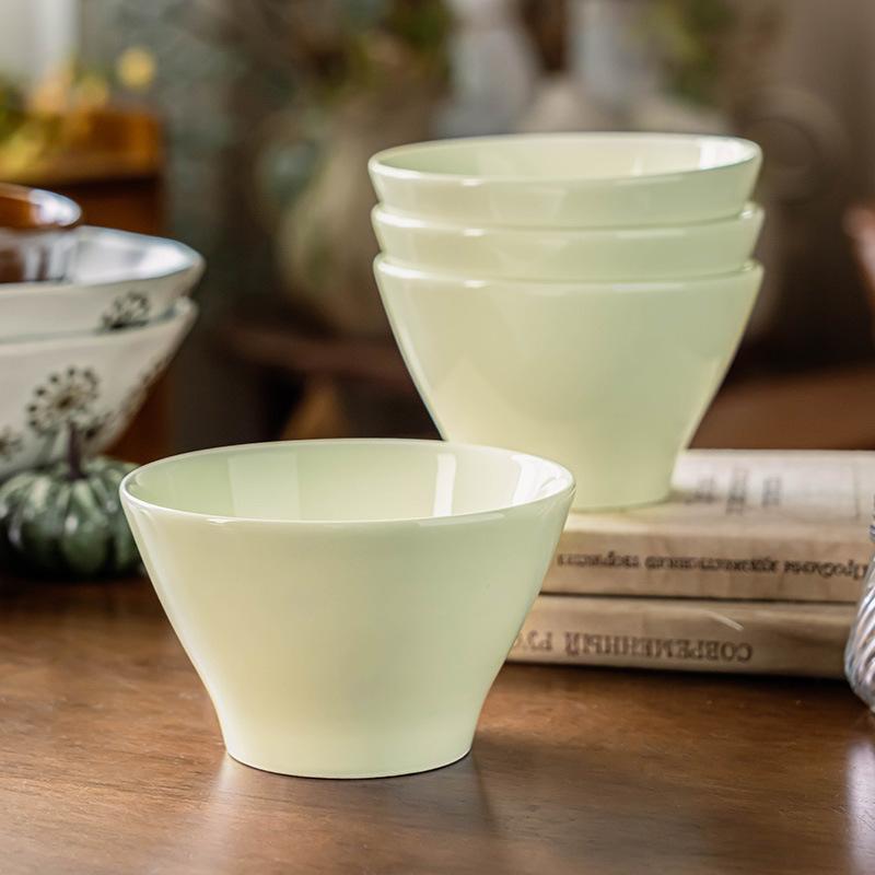 Cream Rice Bowl Ceramic Hat Bowl Salad Bowl Simple Tableware Tall Bowl Household Round Solid Color Bowl