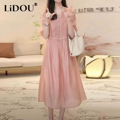 Summer Loose Casual Embroidery 3/4 Sleeve Robe Femme Literary Vintage Solid Color Comfortable Dress Women Midi Vestidos