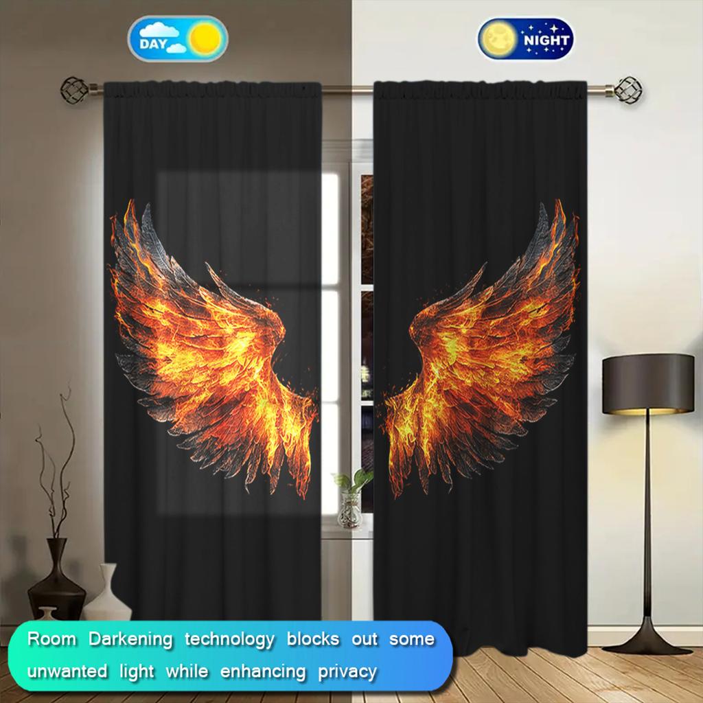2pcs Dazzling Flamelike Wings Printed Curtain for Home Decor - Rod Pocket Window Treatment for Bedroom, Office, Kitchen