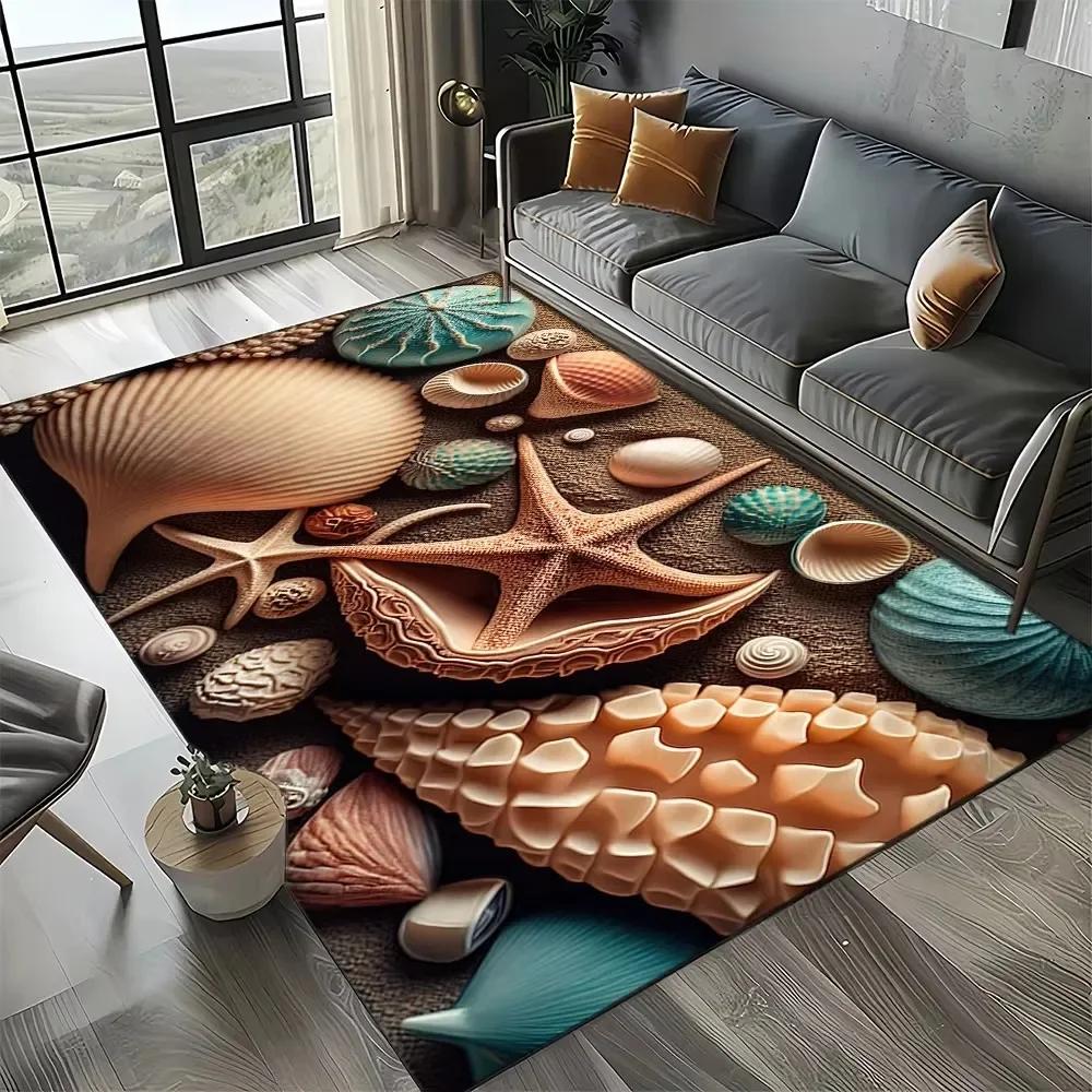 Starfish Beach Shell Sand Pattern Area Rug Coastal Ocean Carpet for Living Room Bedroom Kids Play Room Non-Slip Floor Mat