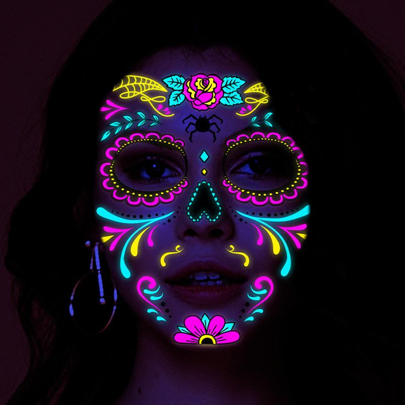 Halloween Funny Fluorescence Stickers Creative Horror Temporary Makeup Dance Death Spirit Face Tattoo Stickers Masquerade Mask