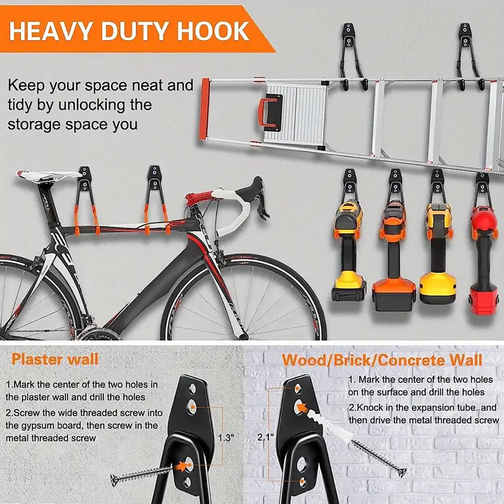 4/12 Heavy-Duty Metal Hooks for Wall Mounting, Garage Storage Hooks, Bicycle Hooks, Wall-Mounted Non-Slip Storage Hooks, Garden Storage Tools