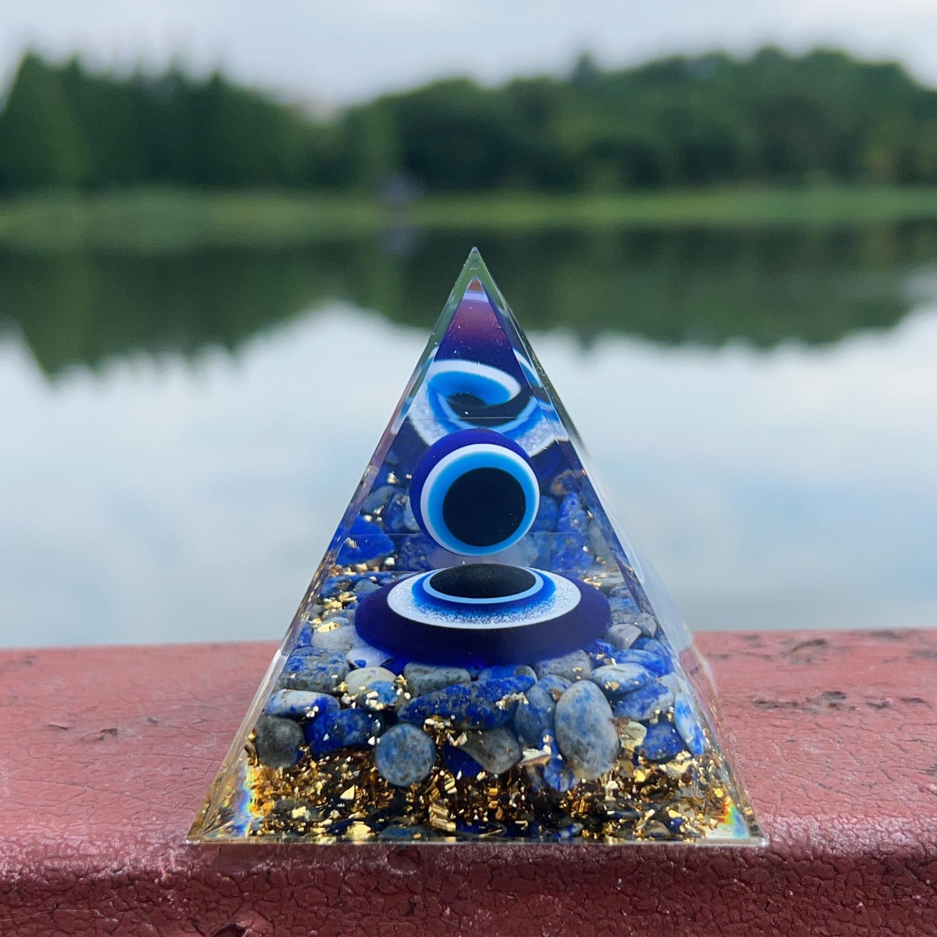 Evil Eye Crystal Pyramid Blue Eyes Natural Lapis Lazuli Stones Healing Crystals Resin Pyramids for Home Decor Ornament Gift Box