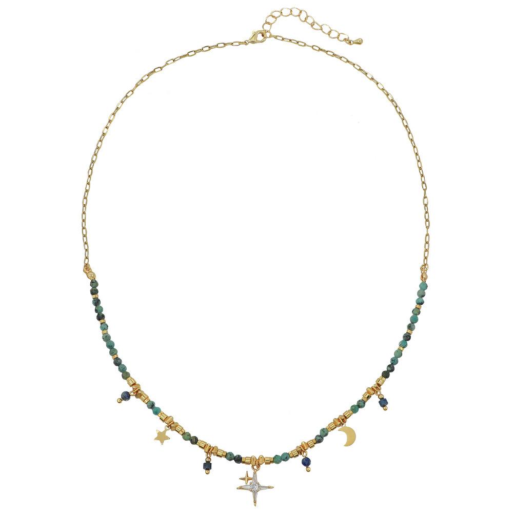 GEMCHIC Women s Bohemian Multi-layer Moon Star Beaded Necklace, African Turquoise and Gold Alloy Pendant Chain for Party