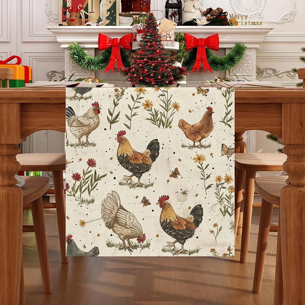 Farmhouse Kitchen Dining Table Linen Table Runner Dresser Scarf with Rooster Hen Wildflower Butterfly Design Party Decor