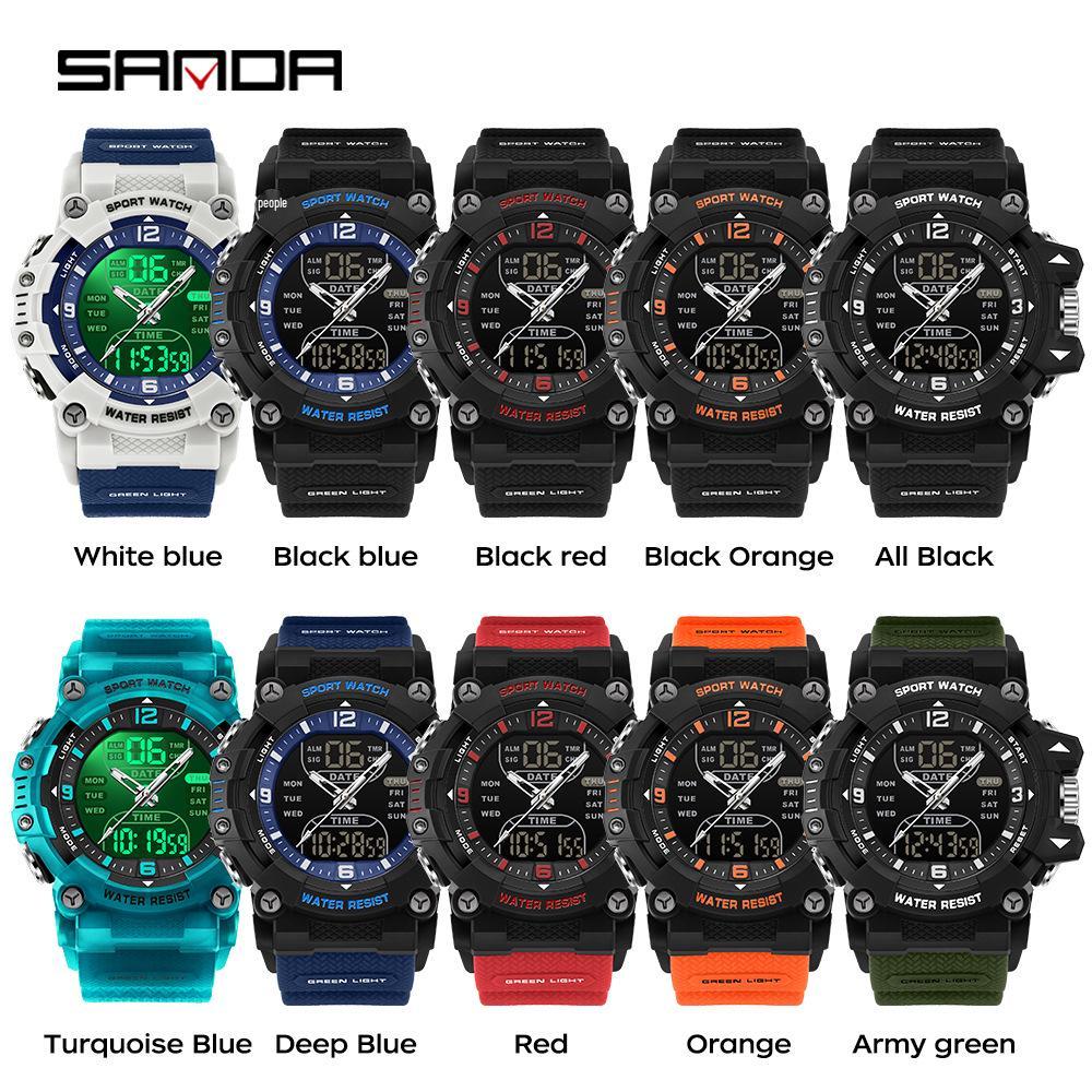 SANDA Men's Multifunction Sport Watch: Waterproof, Countdown, Dual Display, Fashionable Student Wristwatch.