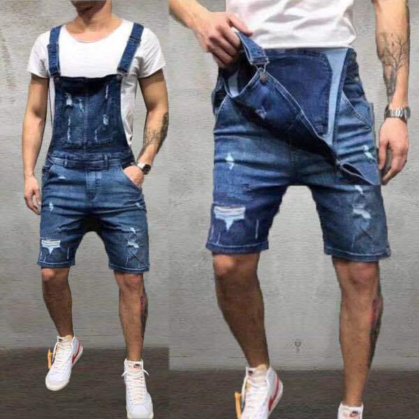 European & American Style Men's Slim Fit Ripped Denim Overalls, High-Waisted Work Shorts