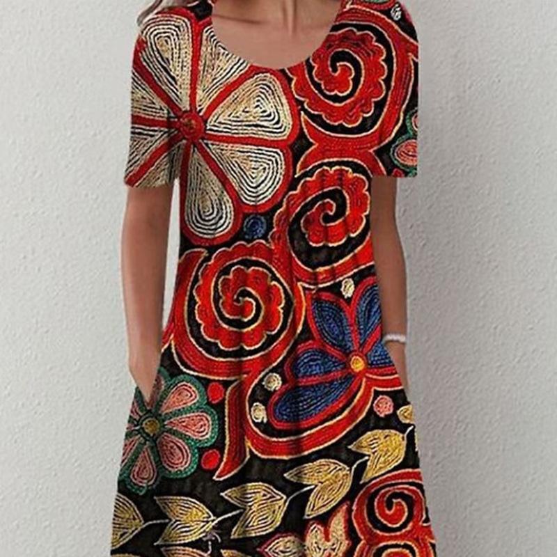 Spring and Summer Floral Print Crew Neck Pocket Women's Fashion Casual Crew Neck Trend Print Medium and Long Dress