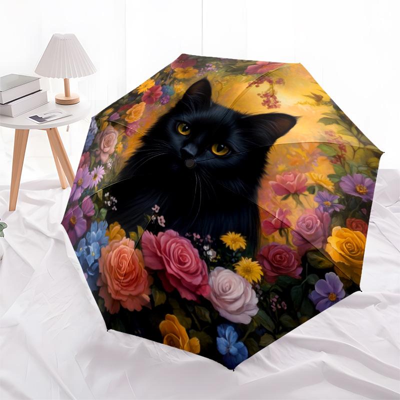 0106 Floral Black Cat  pattern, automatic folding umbrella, portable and foldable design, 8 ribs, a Christmas or birthday gift.