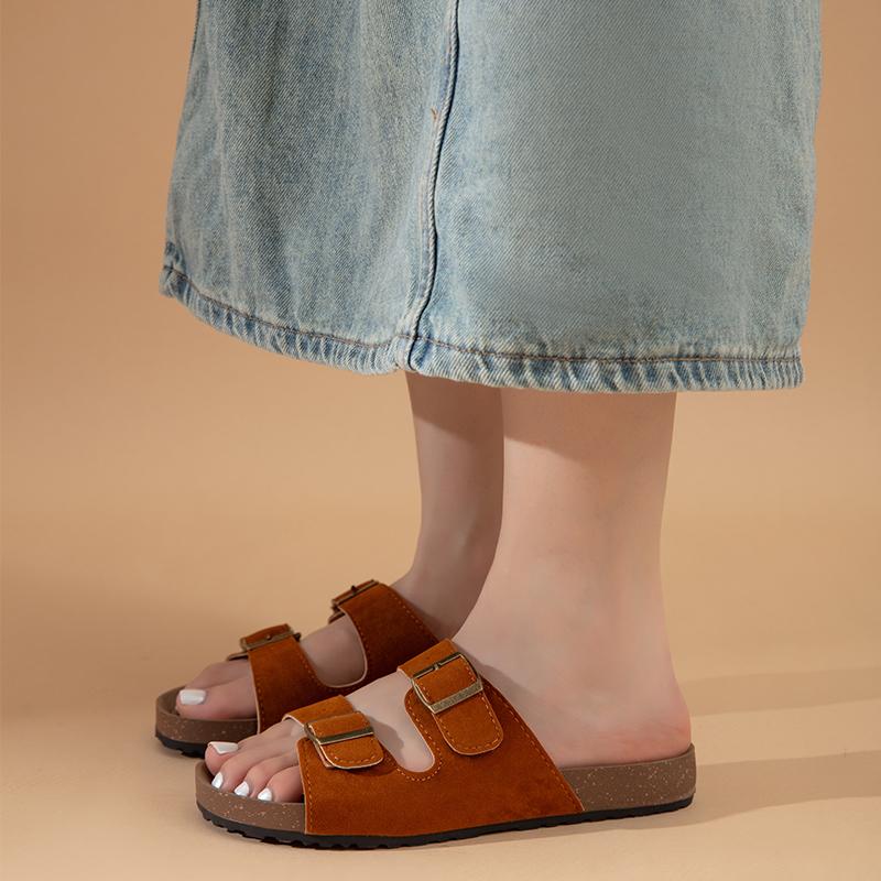 Women's Shoes 2024 Hot Selling Open Toe Women's Flat Shoes Fashion Solid Color Low Heel Suede Buckle Women's Roman Slippers