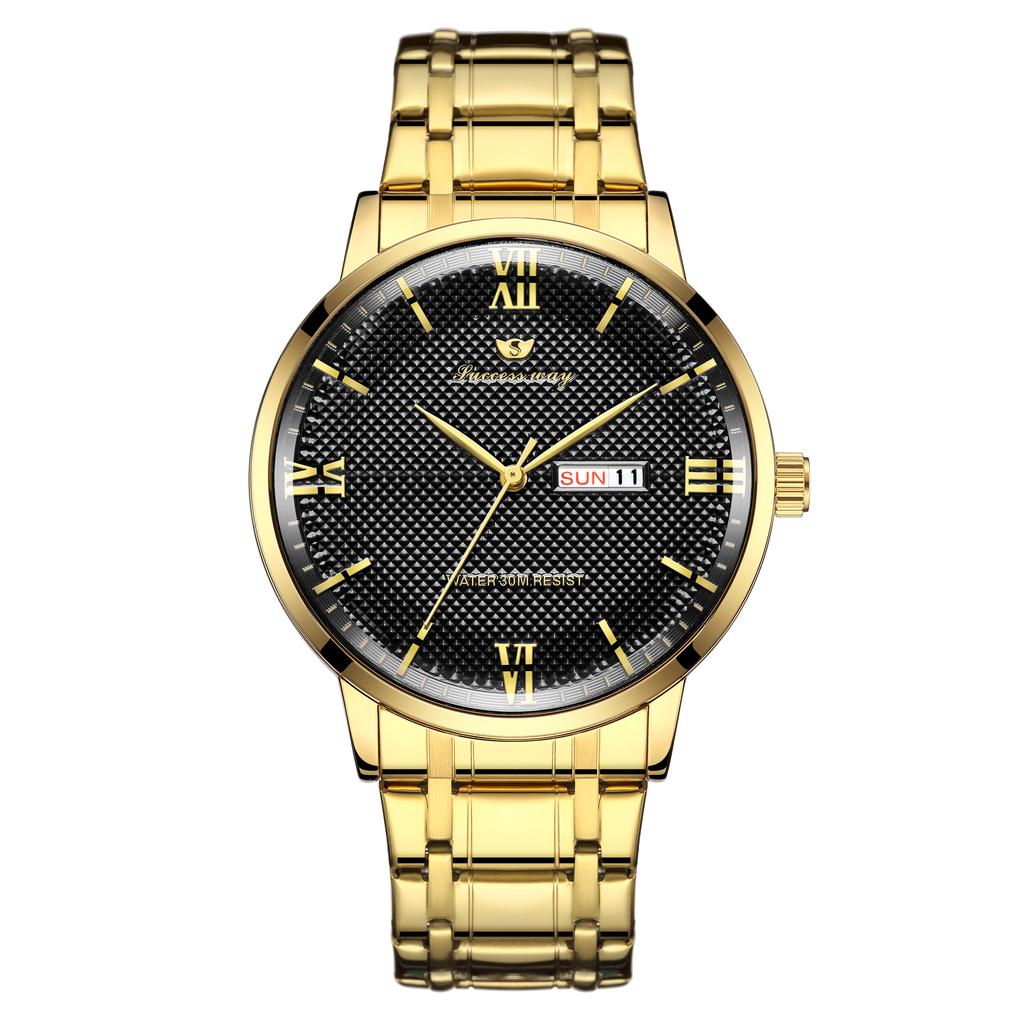 New high end elegant business steel strip men's quartz watch waterproof double calendar Roman numeral men's quartz watch