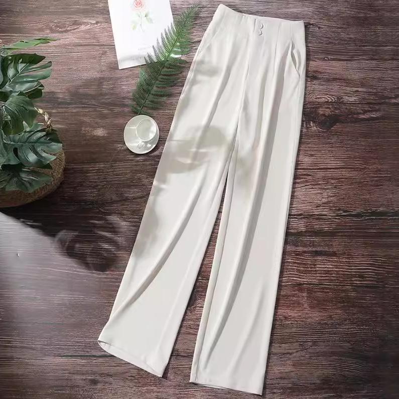 Dámské letní kalhoty s vysokým pasem a širokými nohavicemi: Neformální rovné kalhoty k obleku zakrývající boky