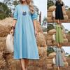 European and American Women's Clothing Solid Color Casual Loose Waist Medium and Long Dress Cotton and Linen Round Neck Short-sleeved Dress