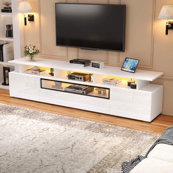 TV Cabinet - LEMONBEST - 180x38x45 Cm - Glossy White - Controllable LED - 2 Cabinets 1 Drawer