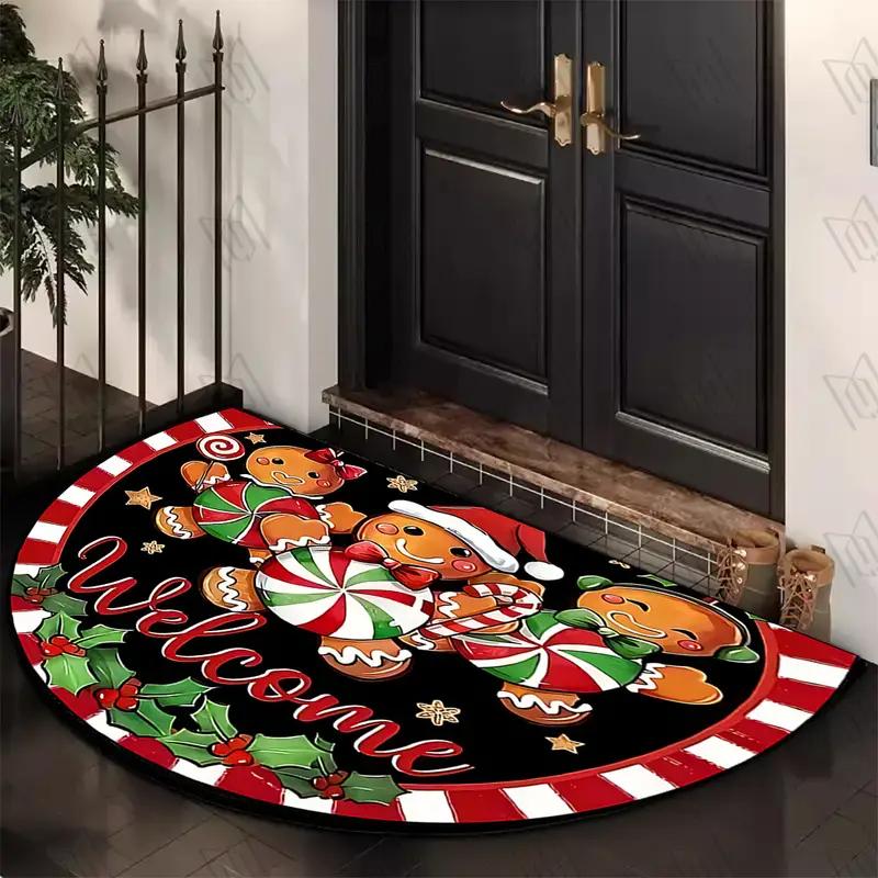 Christmas Gingerbread Man Welcome Doormat Easy-Clean Home Décor Semi-Circular Entrance Hall Doormat Indoor/Outdoor Rug