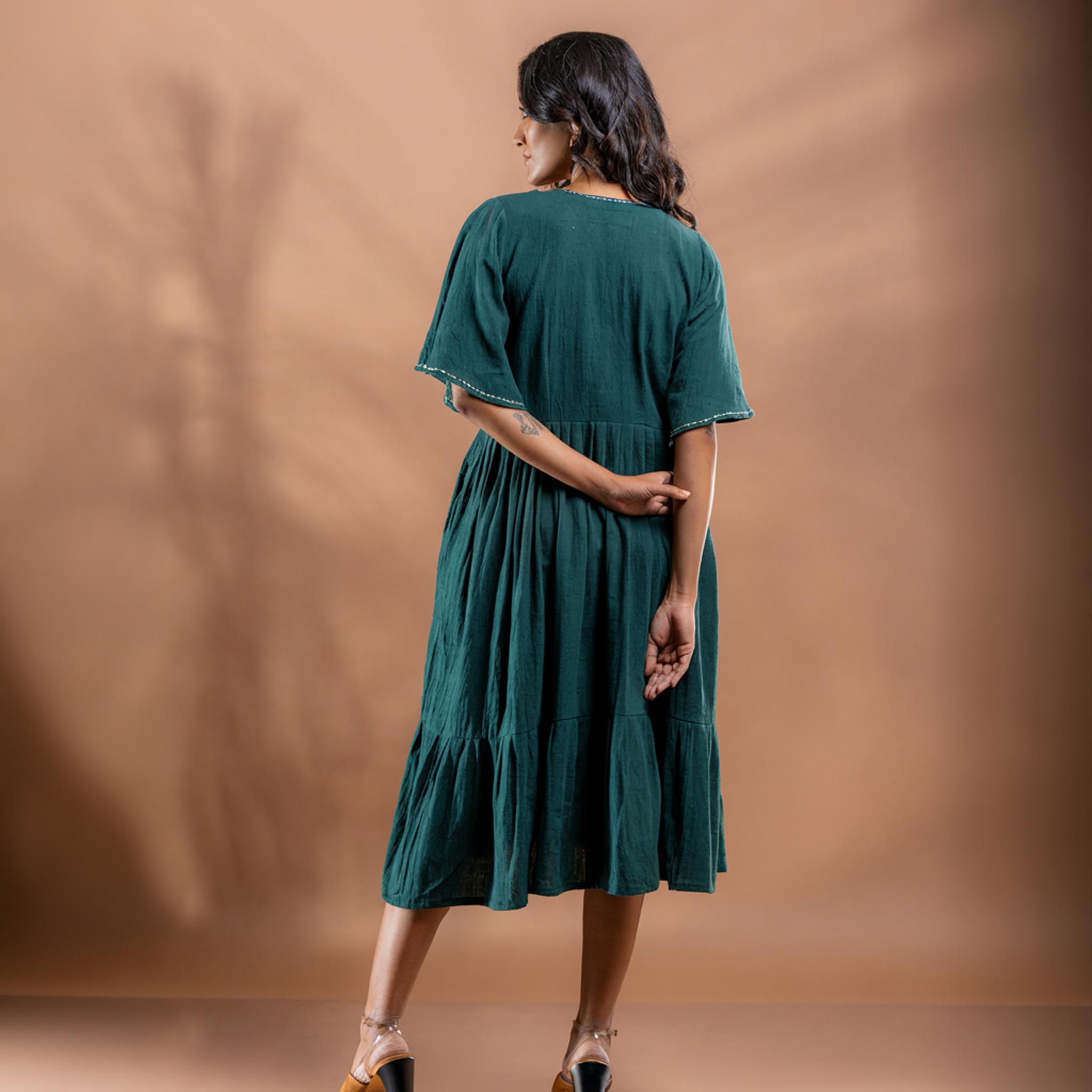 Ocean Fern kantha tiered Kala cotton dress L тил зеленый