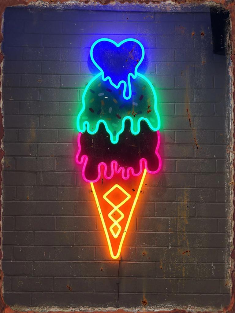 Neon Ice Cream Metal Tin Sign Restaurant Bar Coffee Shop Summer Time Wall Decor Painting Plaque Home Kitchen Decoration Poste