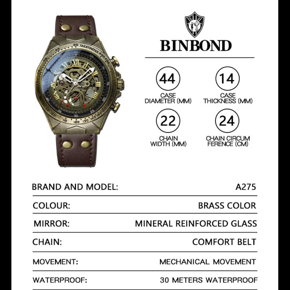 BINBOND Erkekler için Retro İskelet Steampunk Saat, Bronz Bezel, Otomatik Mekanik Saat, Deri Kayış, Su Geçirmez Erkek Kol Saati