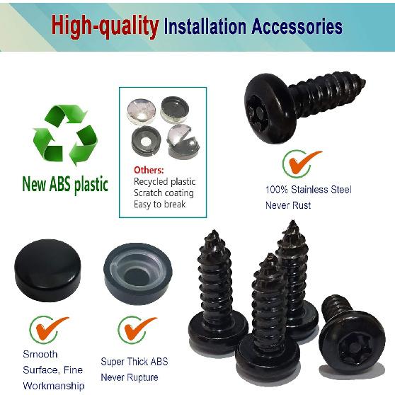 BGGTMO Black License Plate Screws- Stainless Steel Plate Mounting Hardware For Car Tag Frame, Anti-Theft Security Self-Tapping Screws Fit Front