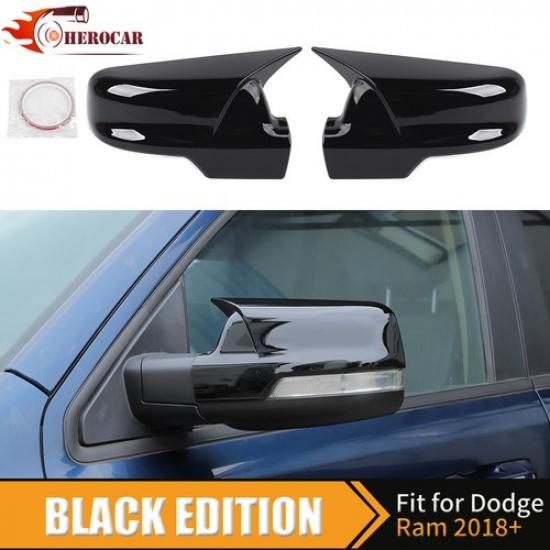 2x Gloss Black Rearview Mirror Cover Trim Shell For Dodge RAM + Accessories