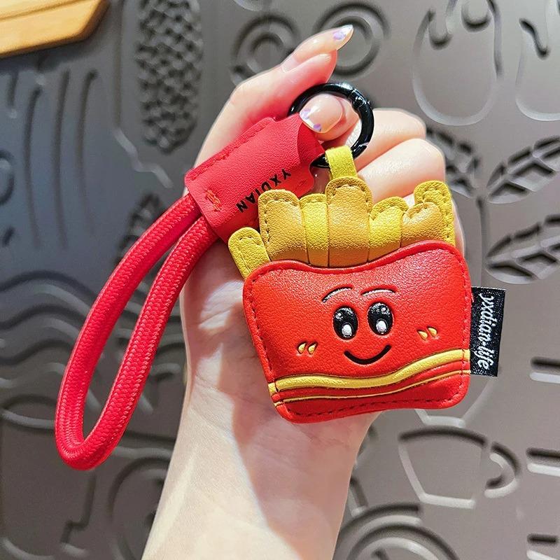Creative Cartoon Leather Snacks Keychain Cute French Fries Coffee Ice Cream Keyring For Men Women Car Bag Pendant Jewelry Gift