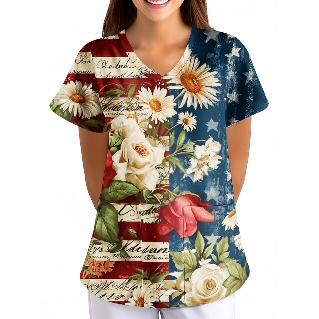 Women's Independence Day Printed Loose V-Neck Pocket Short-Sleeve Caregiver/Uniform