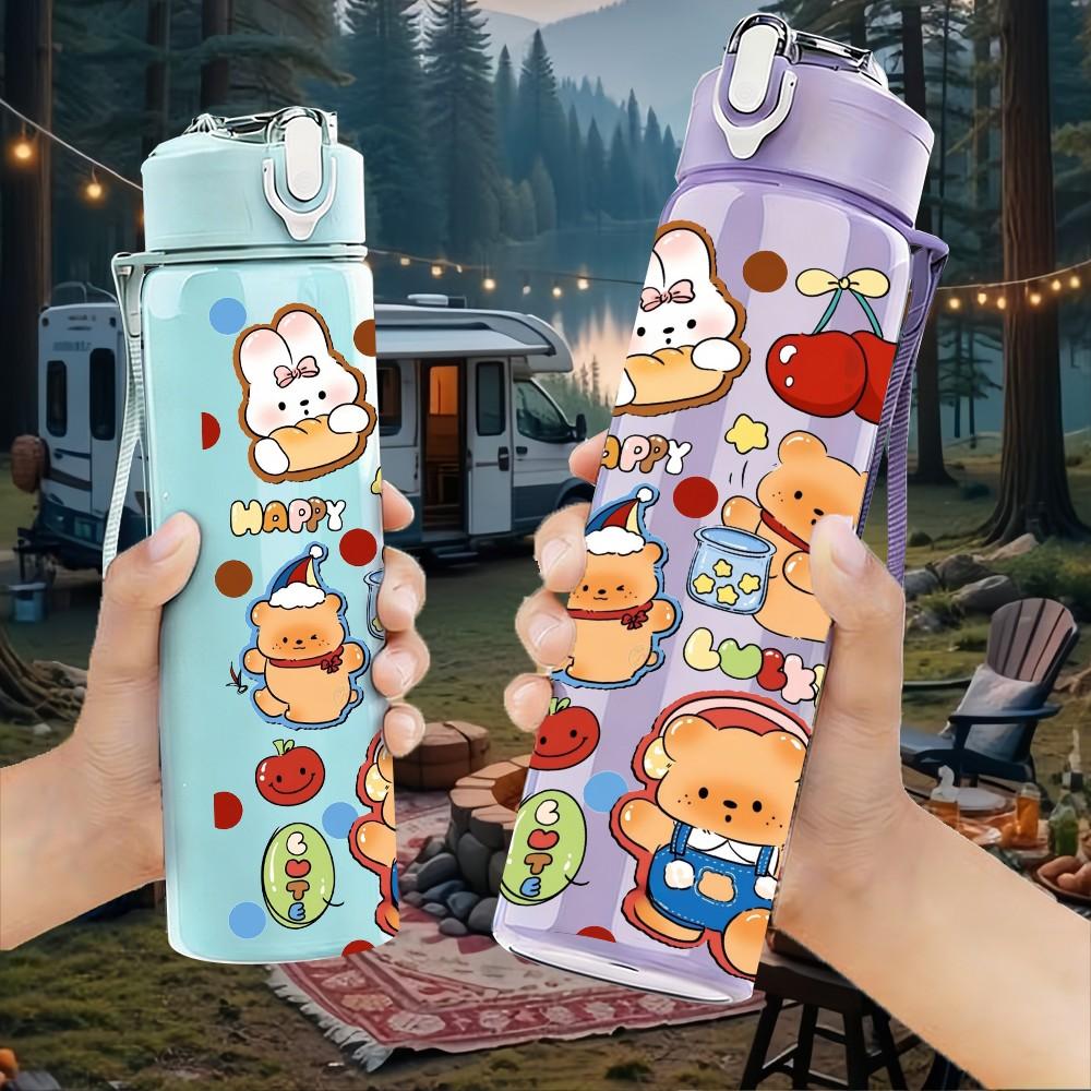 1PC Multi Character Bear Collage Print 750ml Color Plastic Sports Water Bottle Leakproof Flip Straw Lid Suitable for Sports Office Home Use