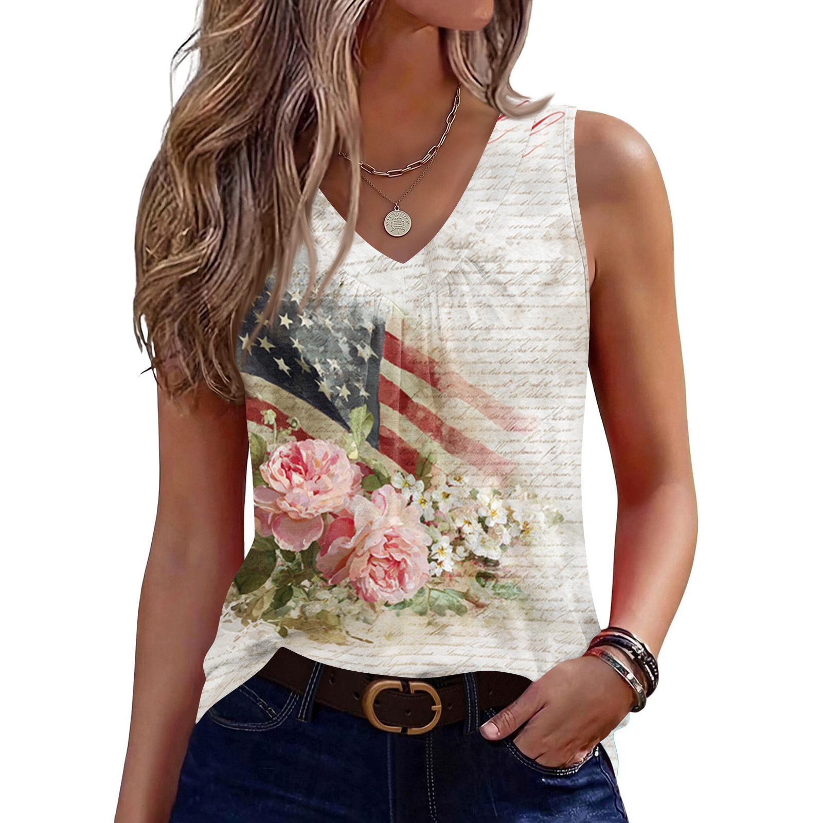 

V-Neck Tank Top Women Print Tank Tee Casual Loose Fit Sleeveless Shirt L