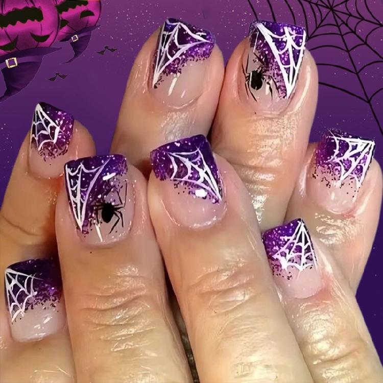 Instantly Faux Nail Set With Detachable Spiderweb Decorations Halloween Special Press On Nail For Adults
