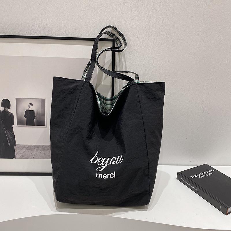 Stylish Korean Literary Inspired Plaid Double-sided Shoulder Tote Bag For School Use