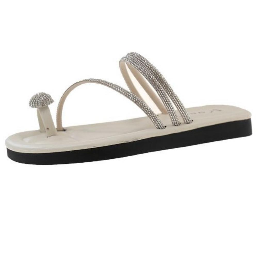 JMXD-Flat Bottom Cool Slippers Female Summer Wear, Rhinestone Fairy Wind Soft Bottom Non-slip Toe Beach One-word Drag